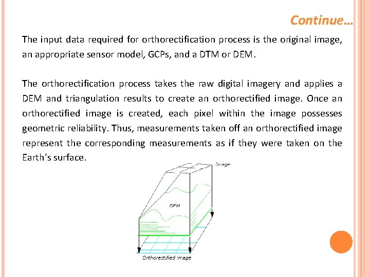 Continue… The input data required for orthorectification process is the original image, an appropriate