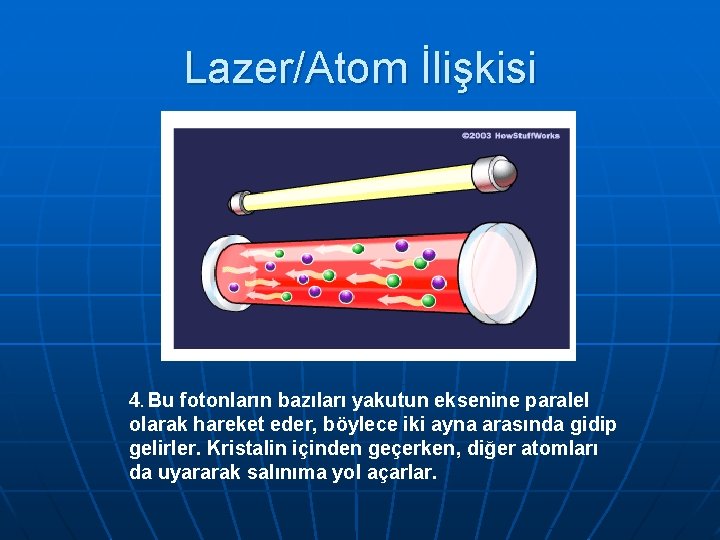 Lazer/Atom İlişkisi 4. Bu fotonların bazıları yakutun eksenine paralel olarak hareket eder, böylece iki