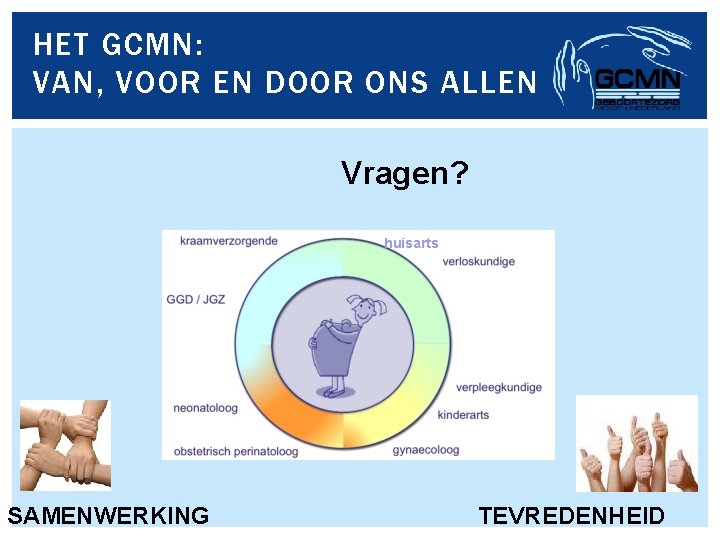 HET GCMN: VAN, VOOR EN DOOR ONS ALLEN Vragen? huisarts SAMENWERKING TEVREDENHEID 