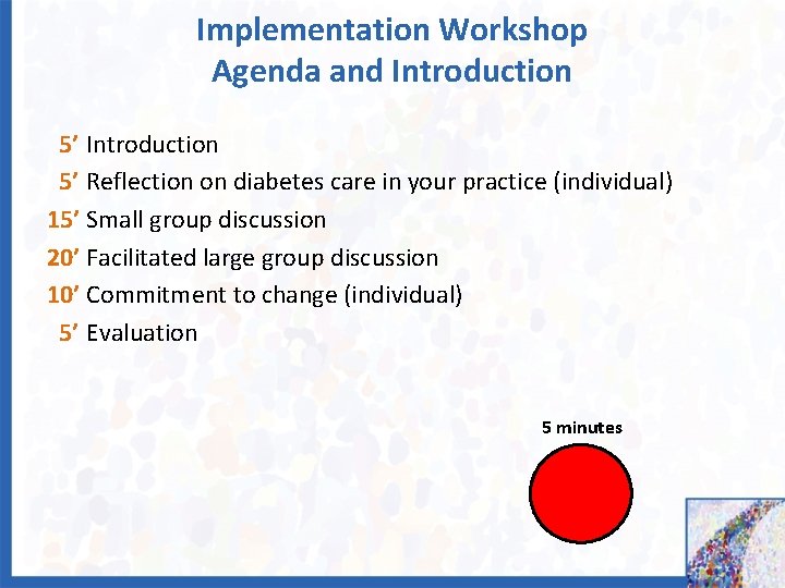 Implementation Workshop Agenda and Introduction 5’ Reflection on diabetes care in your practice (individual)