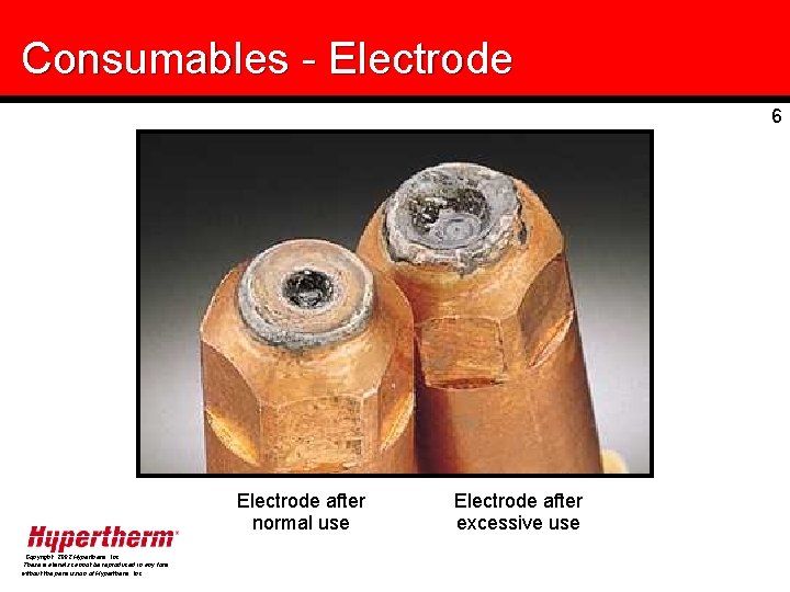 Consumables - Electrode 6 Electrode after normal use Copyright, 2002 Hypertherm, Inc. These materials
