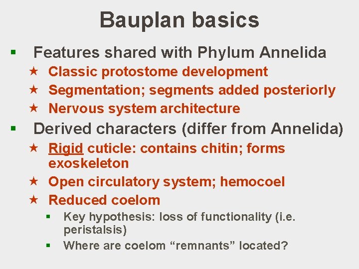 Bauplan basics § Features shared with Phylum Annelida « Classic protostome development « Segmentation; Bauplan basics § Features shared with Phylum Annelida « Classic protostome development « Segmentation;