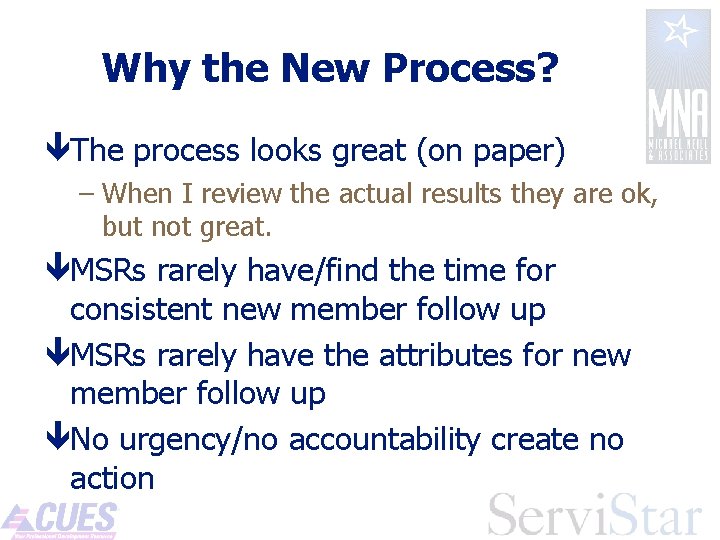 Why the New Process? êThe process looks great (on paper) – When I review