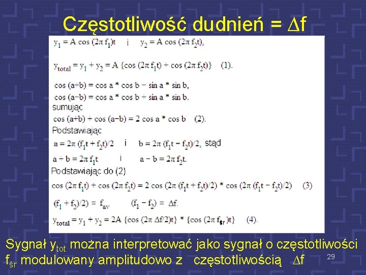 Częstotliwość dudnień = ∆f Sygnał ytot można interpretować jako sygnał o częstotliwości 29 fśr