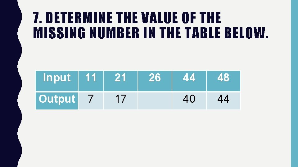 7. DETERMINE THE VALUE OF THE MISSING NUMBER IN THE TABLE BELOW. Input 11 7. DETERMINE THE VALUE OF THE MISSING NUMBER IN THE TABLE BELOW. Input 11