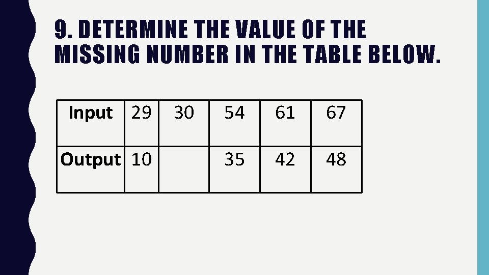 9. DETERMINE THE VALUE OF THE MISSING NUMBER IN THE TABLE BELOW. Input 29 9. DETERMINE THE VALUE OF THE MISSING NUMBER IN THE TABLE BELOW. Input 29