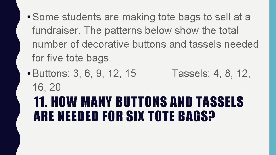  • Some students are making tote bags to sell at a fundraiser. The