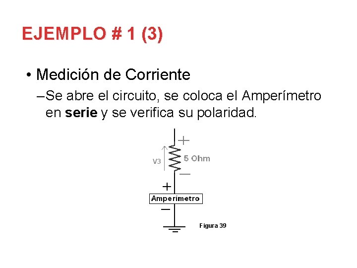 EJEMPLO # 1 (3) • Medición de Corriente – Se abre el circuito, se