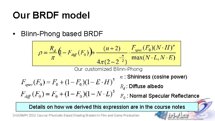 Our BRDF model • Blinn-Phong based BRDF Our customized Blinn-Phong n : Shininess (cosine