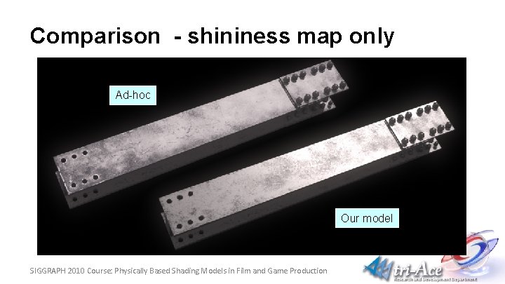 Comparison - shininess map only Ad-hoc Our model SIGGRAPH 2010 Course: Physically Based Shading