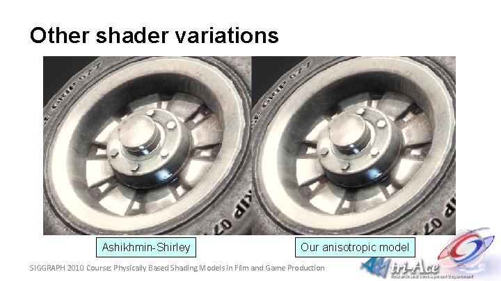 Other shader variations Ashikhmin-Shirley Our anisotropic model SIGGRAPH 2010 Course: Physically Based Shading Models