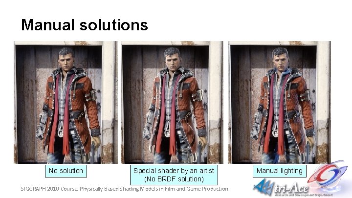 Manual solutions No solution Special shader by an artist (No BRDF solution) SIGGRAPH 2010