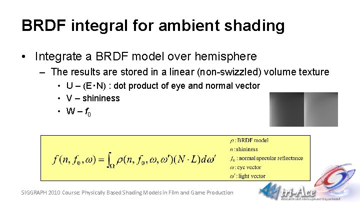 BRDF integral for ambient shading • Integrate a BRDF model over hemisphere – The