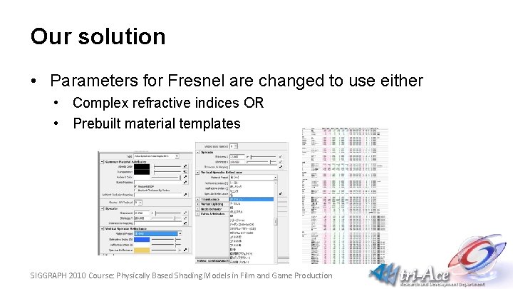 Our solution • Parameters for Fresnel are changed to use either • Complex refractive