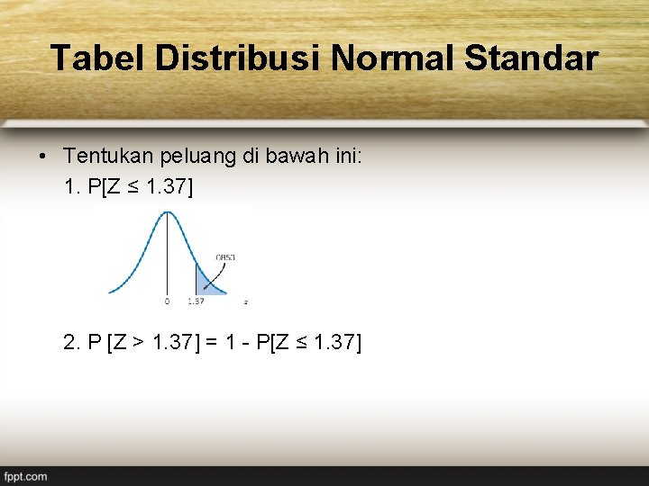 Tabel Distribusi Normal Standar • Tentukan peluang di bawah ini: 1. P[Z ≤ 1.