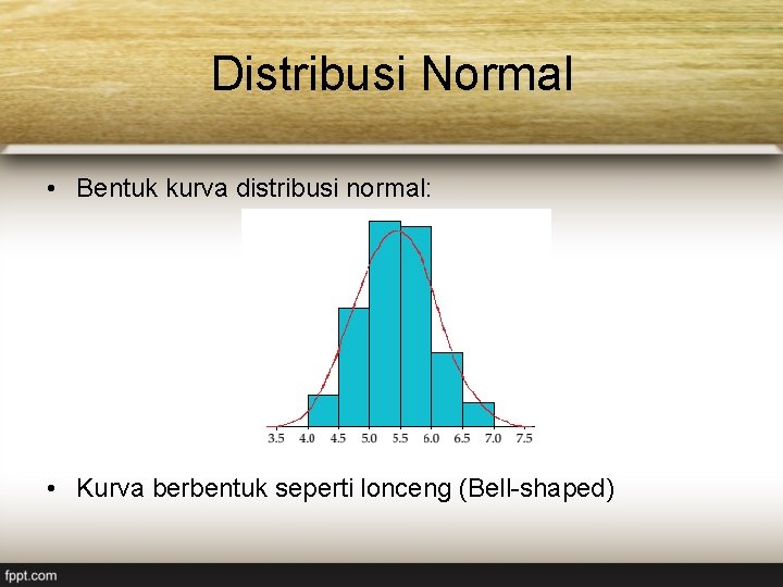 Distribusi Normal • Bentuk kurva distribusi normal: • Kurva berbentuk seperti lonceng (Bell-shaped) 