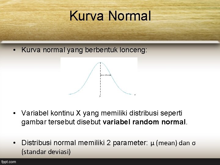 Kurva Normal • Kurva normal yang berbentuk lonceng: • Variabel kontinu X yang memiliki