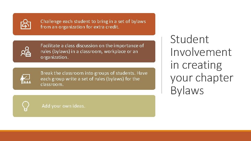 Challenge each student to bring in a set of bylaws from an organization for