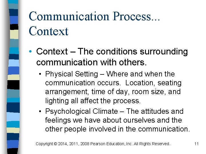 Communication Process. . . Context • Context – The conditions surrounding communication with others.