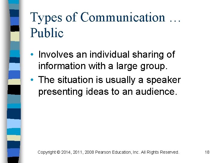 Types of Communication … Public • Involves an individual sharing of information with a