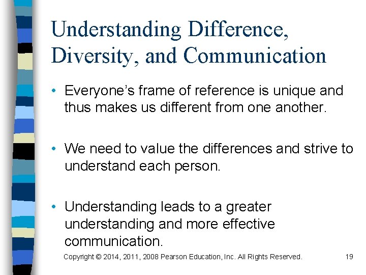 Understanding Difference, Diversity, and Communication • Everyone’s frame of reference is unique and thus