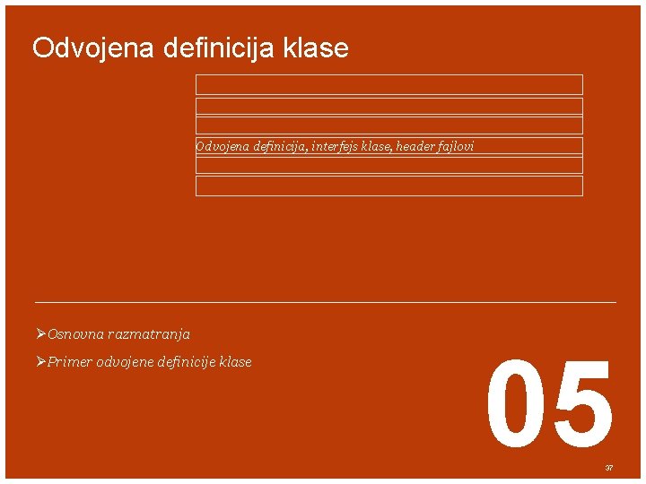 Odvojena definicija klase Odvojena definicija, interfejs klase, header fajlovi ØOsnovna razmatranja ØPrimer odvojene definicije