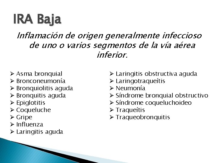 IRA Baja Inflamación de origen generalmente infeccioso de uno o varios segmentos de la