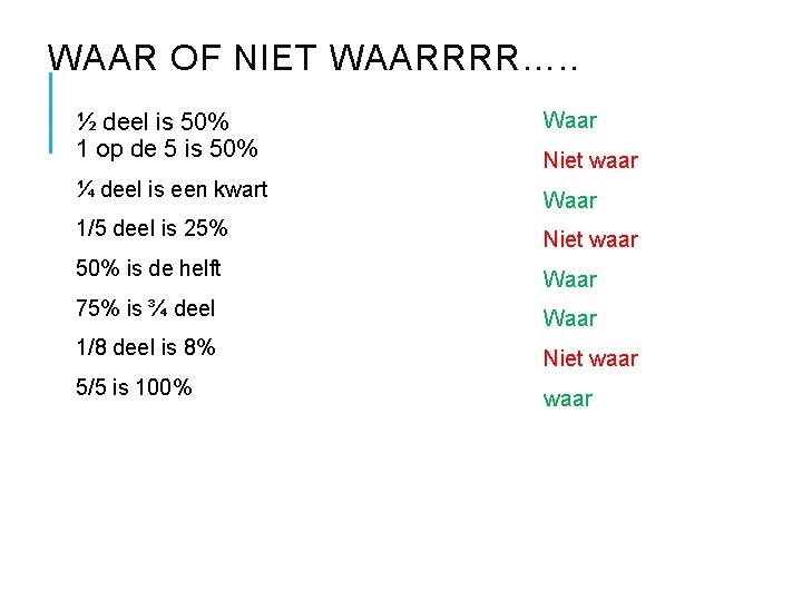 WAAR OF NIET WAARRRR…. . ½ deel is 50% 1 op de 5 is