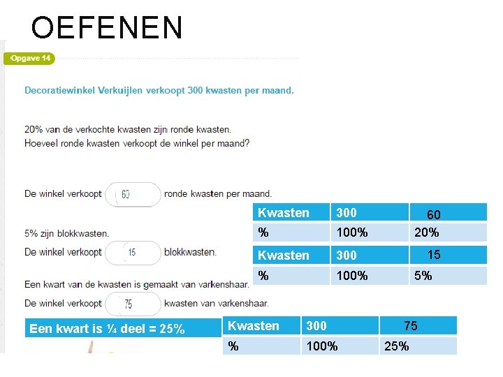 OEFENEN Een kwart is ¼ deel = 25% Kwasten 300 % 100% 60 20%