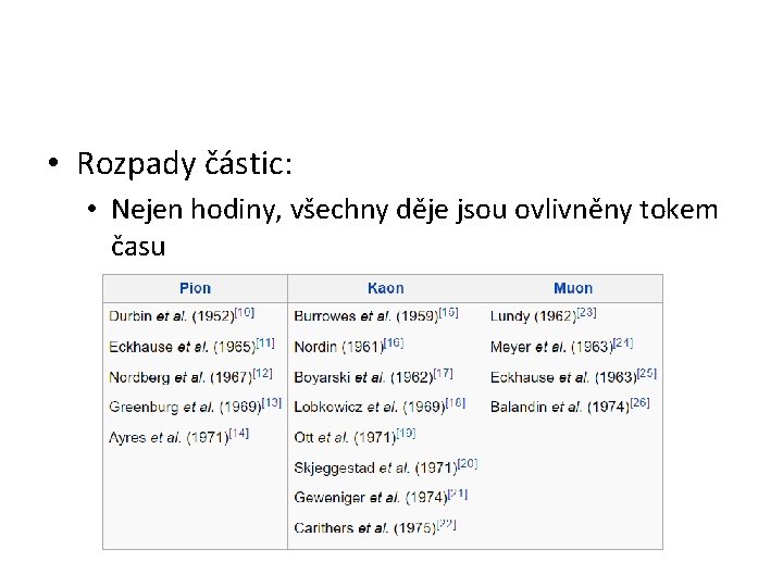 • Rozpady částic: • Nejen hodiny, všechny děje jsou ovlivněny tokem času • Rozpady částic: • Nejen hodiny, všechny děje jsou ovlivněny tokem času