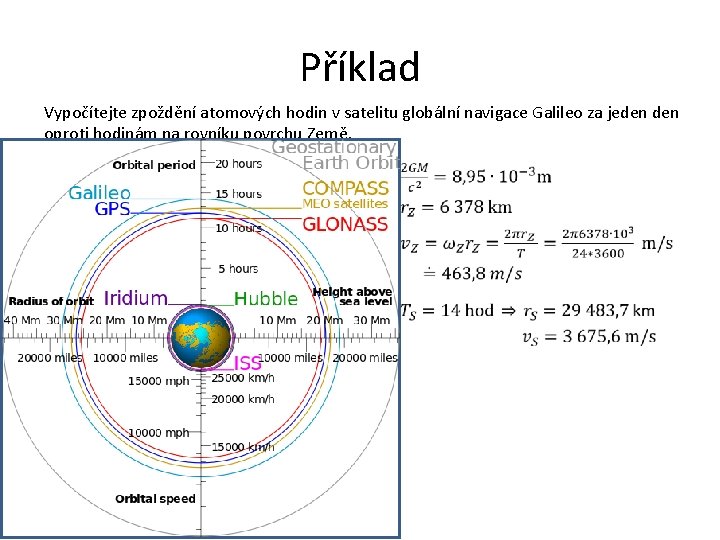 Příklad Vypočítejte zpoždění atomových hodin v satelitu globální navigace Galileo za jeden oproti hodinám Příklad Vypočítejte zpoždění atomových hodin v satelitu globální navigace Galileo za jeden oproti hodinám