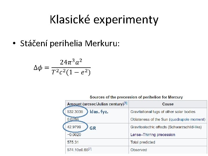 Klasické experimenty • Stáčení perihelia Merkuru: klas. fyz. GR Klasické experimenty • Stáčení perihelia Merkuru: klas. fyz. GR