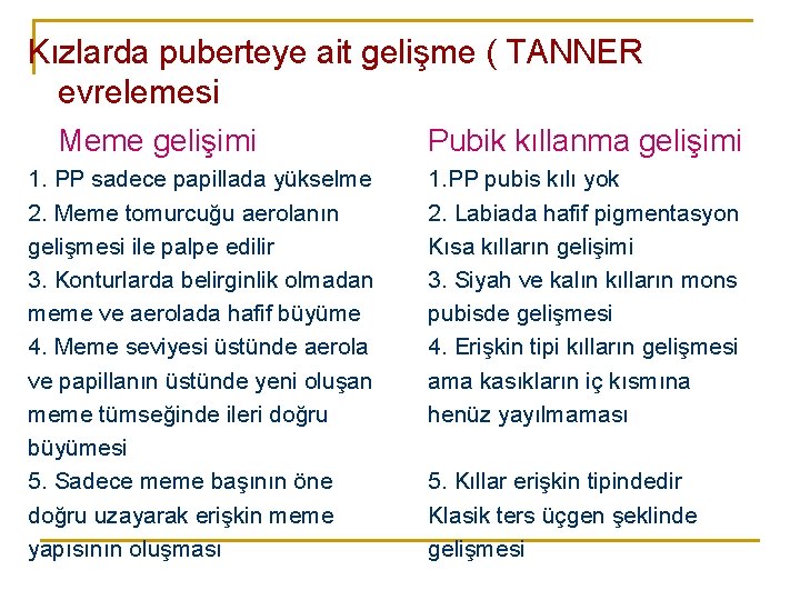 Kızlarda puberteye ait gelişme ( TANNER evrelemesi Meme gelişimi 1. PP sadece papillada yükselme