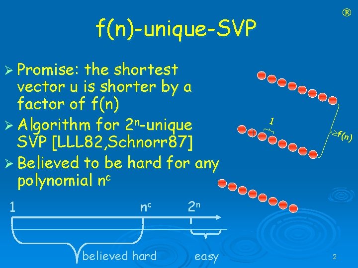  f(n)-unique-SVP Ø Promise: the shortest vector u is shorter by a factor of