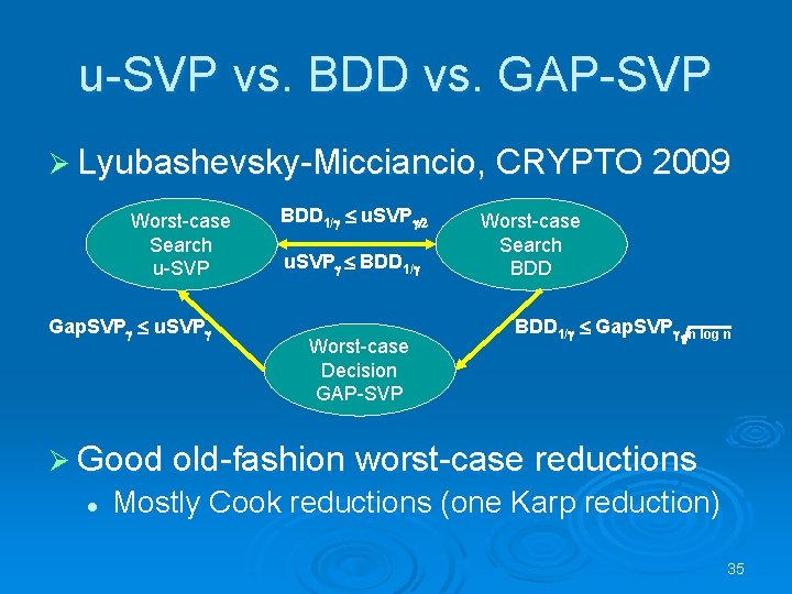 u-SVP vs. BDD vs. GAP-SVP Ø Lyubashevsky-Micciancio, CRYPTO 2009 Worst-case Search u-SVP Gap. SVPg