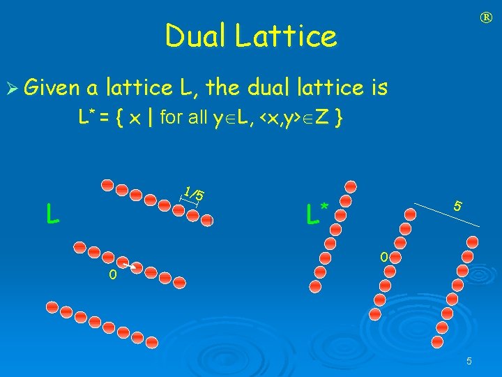  Dual Lattice Ø Given a lattice L, the dual lattice is L* =