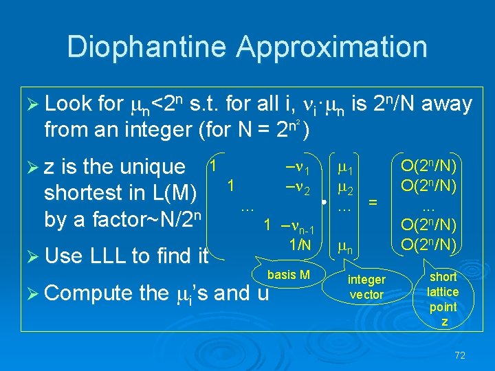 Diophantine Approximation Ø Look for mn<2 n s. t. for all i, ni·mn is