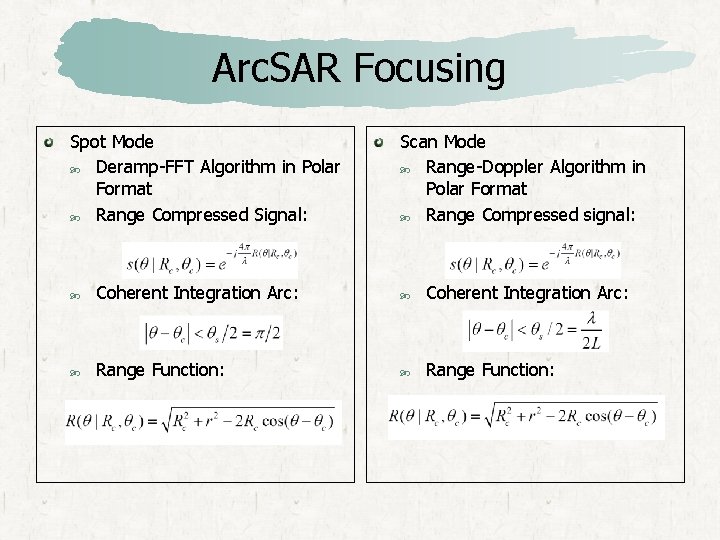 Arc. SAR Focusing Spot Mode Deramp-FFT Algorithm in Polar Format Range Compressed Signal: Scan