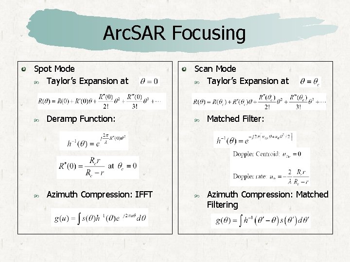 Arc. SAR Focusing Spot Mode Taylor’s Expansion at : Scan Mode Taylor’s Expansion at