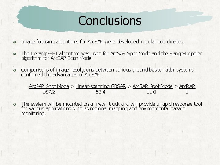 Conclusions Image focusing algorithms for Arc. SAR were developed in polar coordinates. The Deramp-FFT