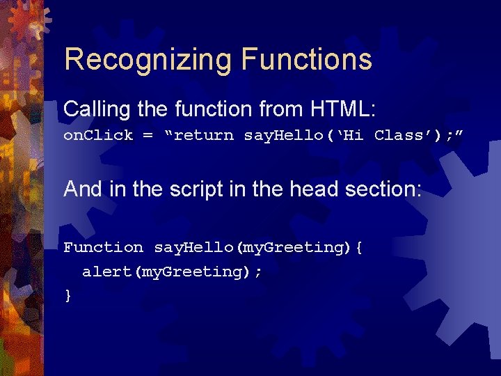 Recognizing Functions Calling the function from HTML: on. Click = “return say. Hello(‘Hi Class’);