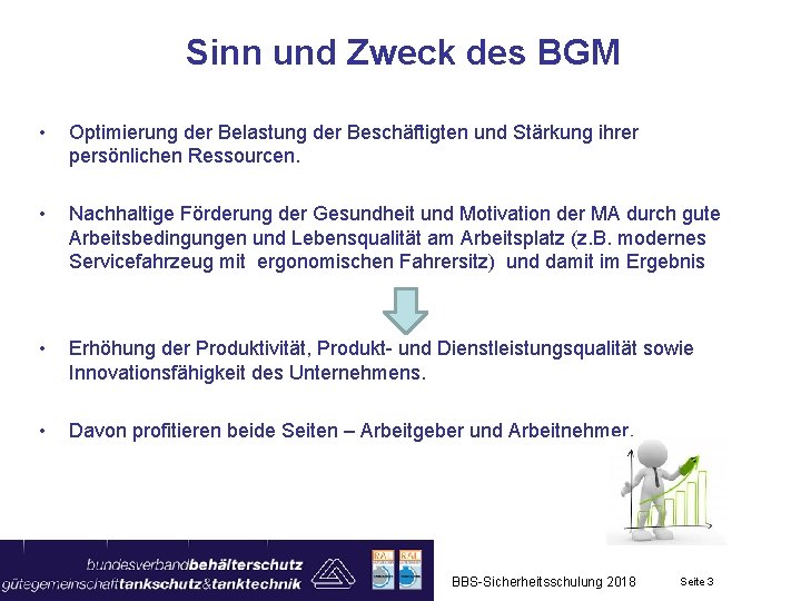 Sinn und Zweck des BGM • Optimierung der Belastung der Beschäftigten und Stärkung ihrer