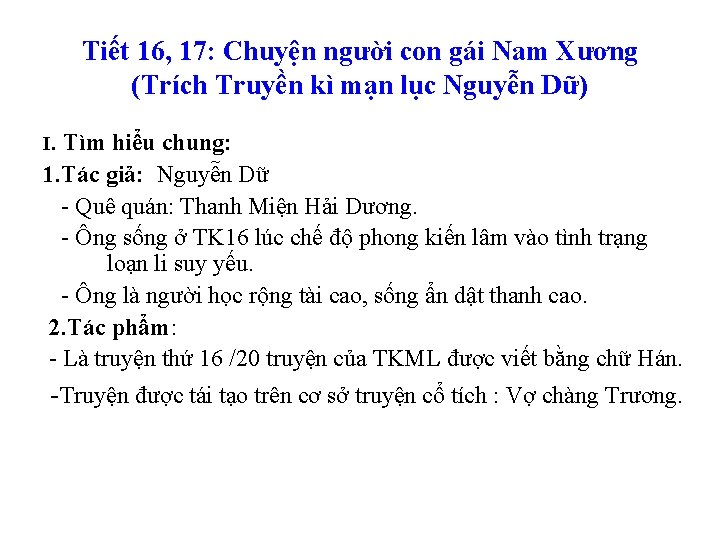 Tiết 16, 17: Chuyện người con gái Nam Xương (Trích Truyền kì mạn lục