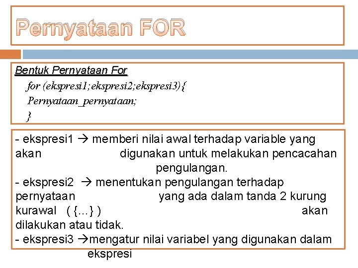 Pernyataan FOR Bentuk Pernyataan For for (ekspresi 1; ekspresi 2; ekspresi 3){ Pernyataan_pernyataan; }
