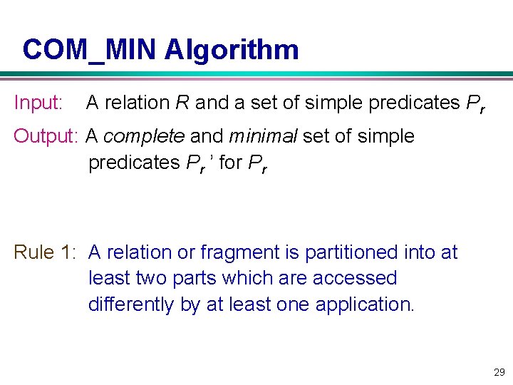 COM_MIN Algorithm Input: A relation R and a set of simple predicates Pr Output: