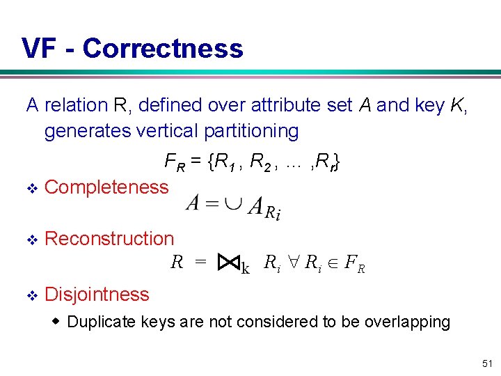 VF Correctness A relation R, defined over attribute set A and key K, generates