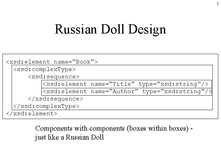 5 Russian Doll Design <xsd: element name="Book"> <xsd: complex. Type> <xsd: sequence> <xsd: element