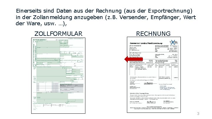 Einerseits sind Daten aus der Rechnung (aus der Exportrechnung) in der Zollanmeldung anzugeben (z.