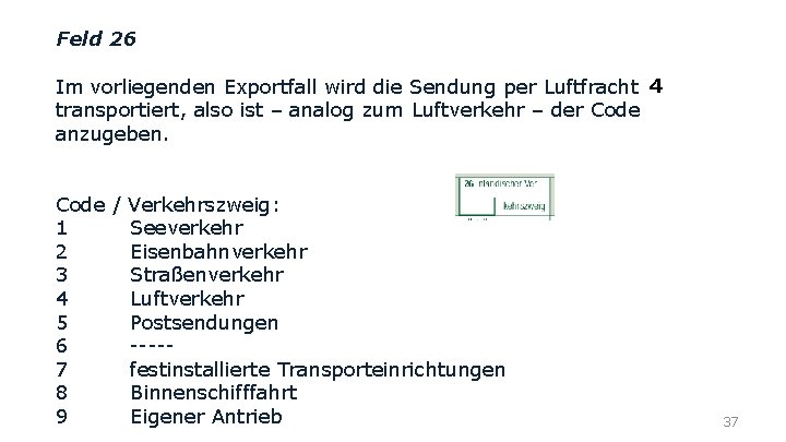 Feld 26 Im vorliegenden Exportfall wird die Sendung per Luftfracht 4 transportiert, also ist