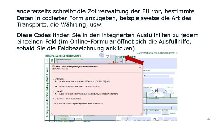 andererseits schreibt die Zollverwaltung der EU vor, bestimmte Daten in codierter Form anzugeben, beispielsweise